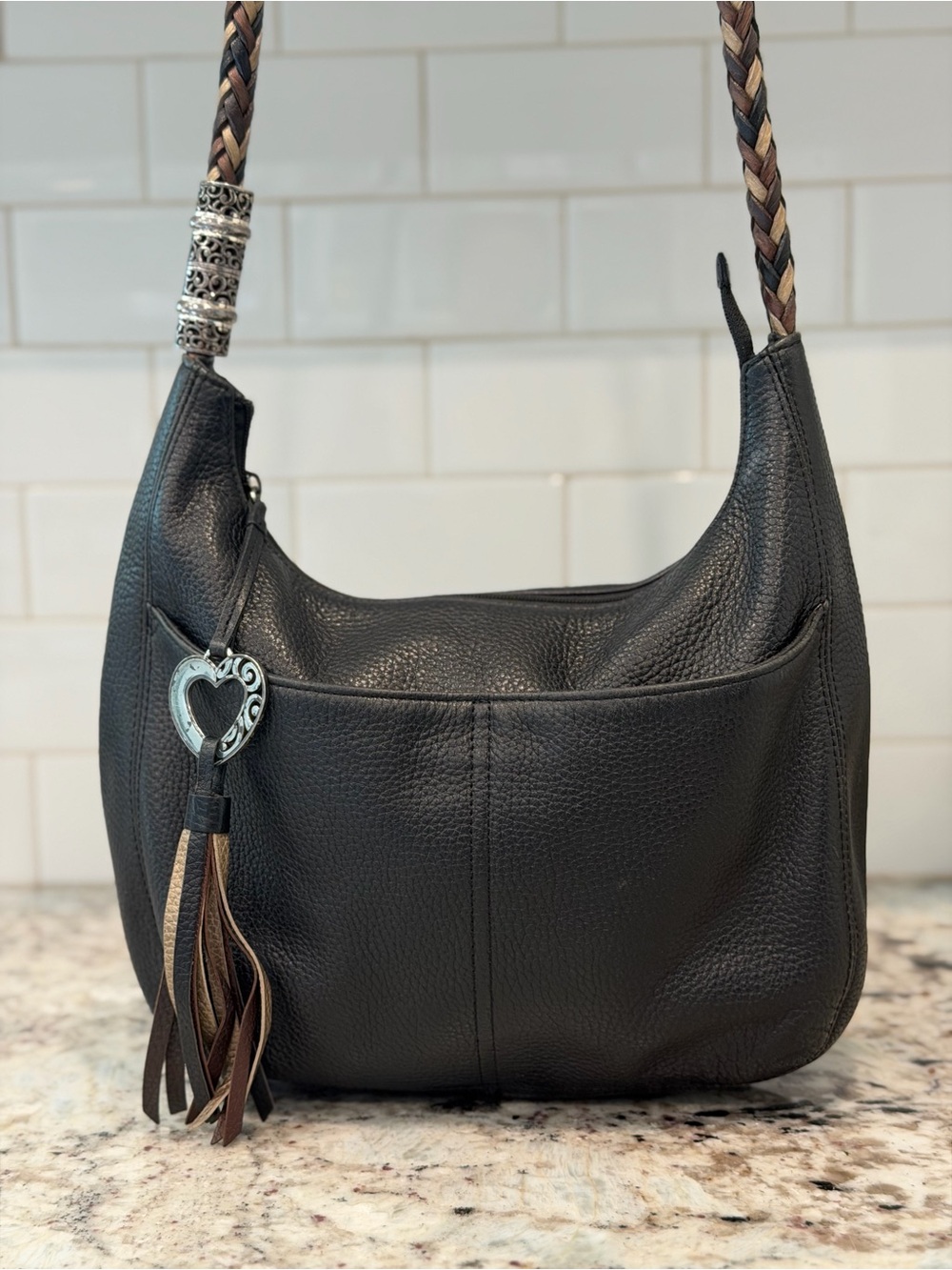Black Leather Hobo Shoulder Bag with Tassel Charm